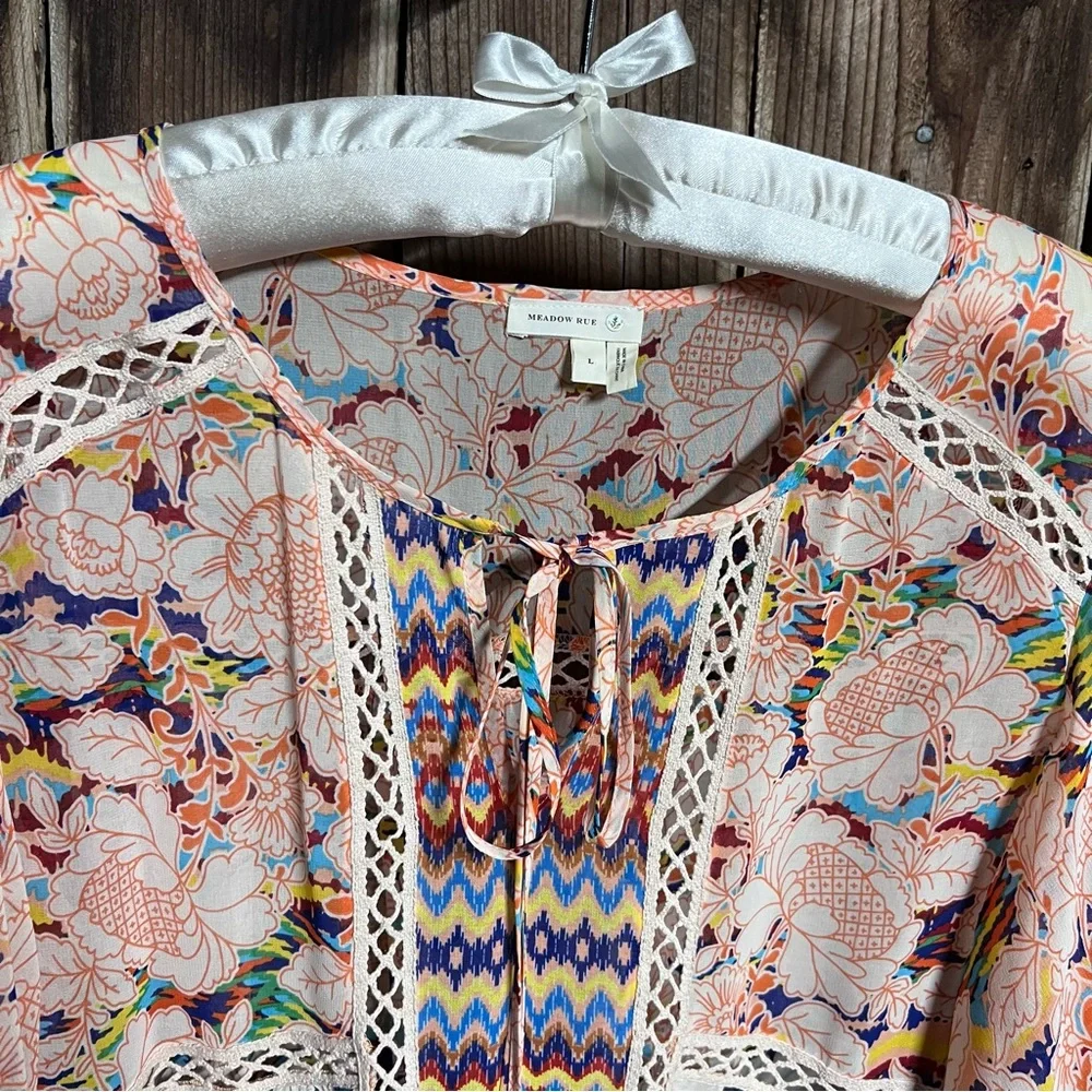 Meadow Rue Boho Sheer Floral Peasant Blouse Flowy Bat Wings Crochet Lace Sz L - Picture 5 of 14